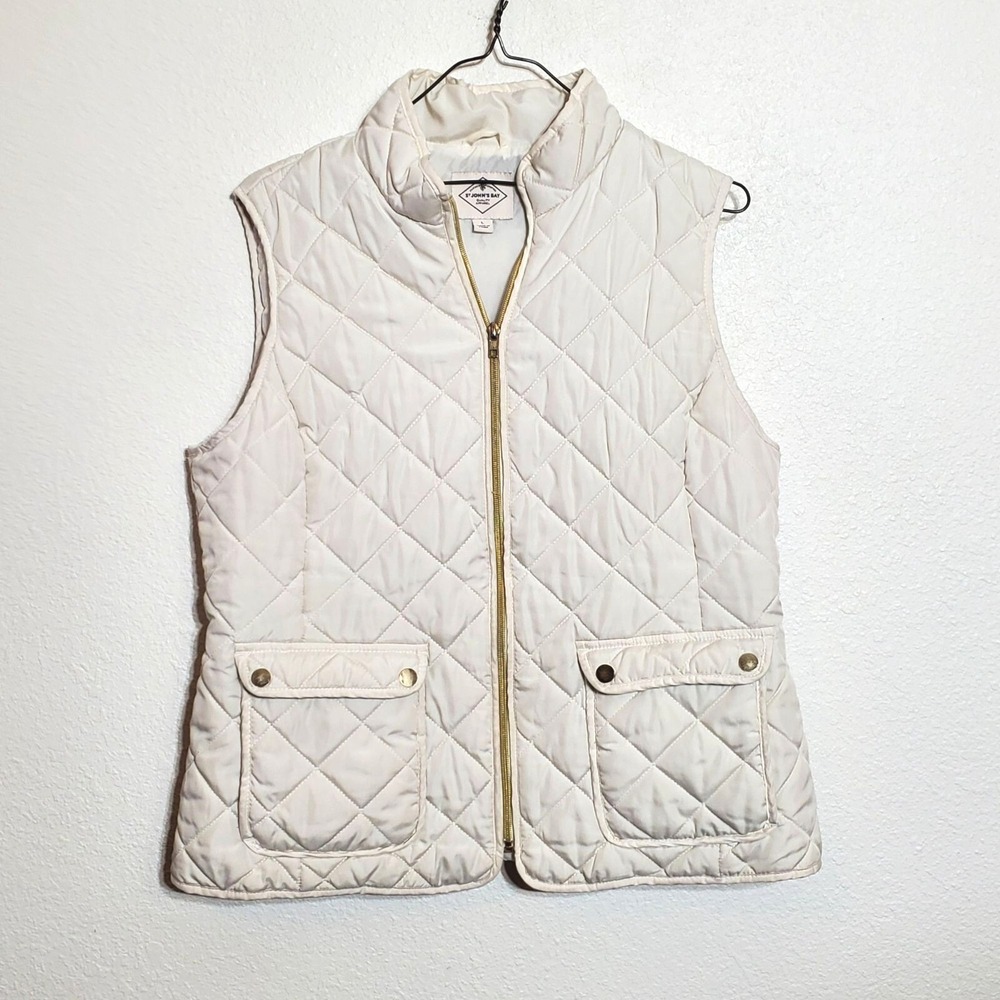 St. Johns Bay Womens Large Quilted Puffer Vest off white 2 Pockets Gold Zip - Picture 1 of 7